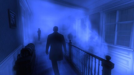 Mysterious Figure Walking Through Foggy Hallway in Blue Environment