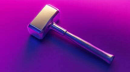 A metallic hammer resting on a neon purple gradient