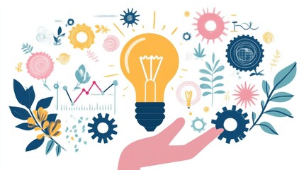 Creative Illustration of Light Bulb and Gears with Nature Elements
