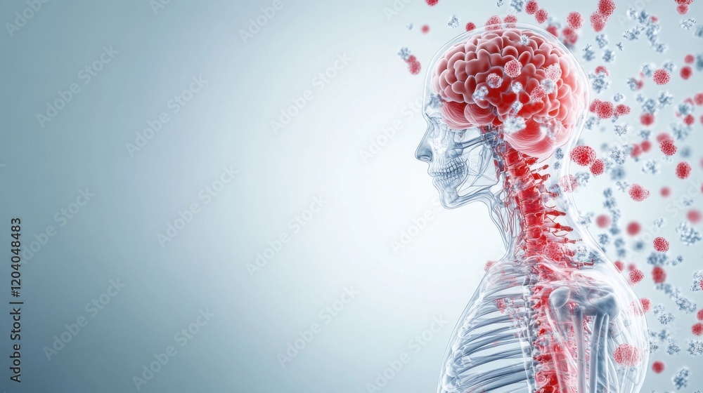 Poster human anatomy illustration of skeletal structure with abstract brain and particles representing scie