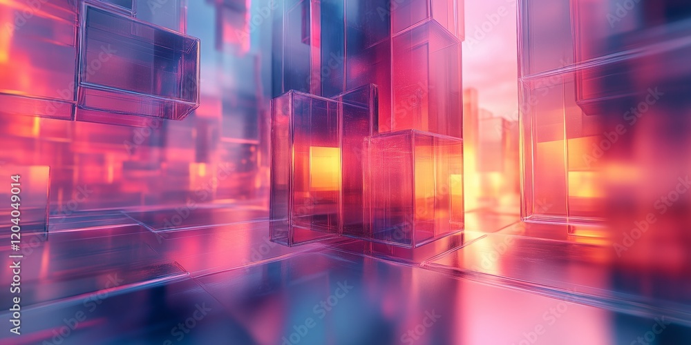 Poster futuristic design showcasing layered translucent shapes in captivating colors and shifting light eff