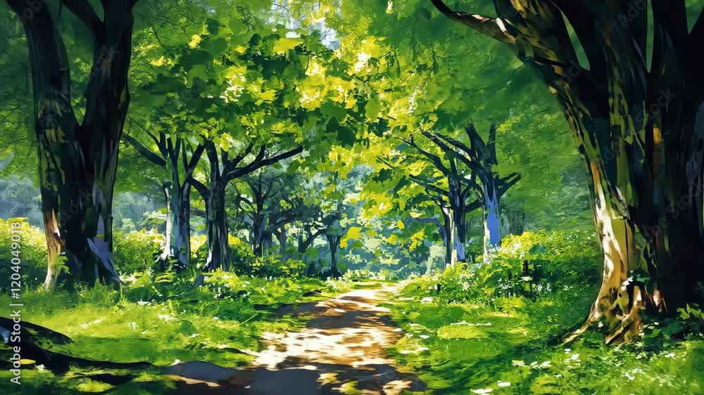 Poster lush green forest path with sunlight filtering through leaves in a serene natural setting