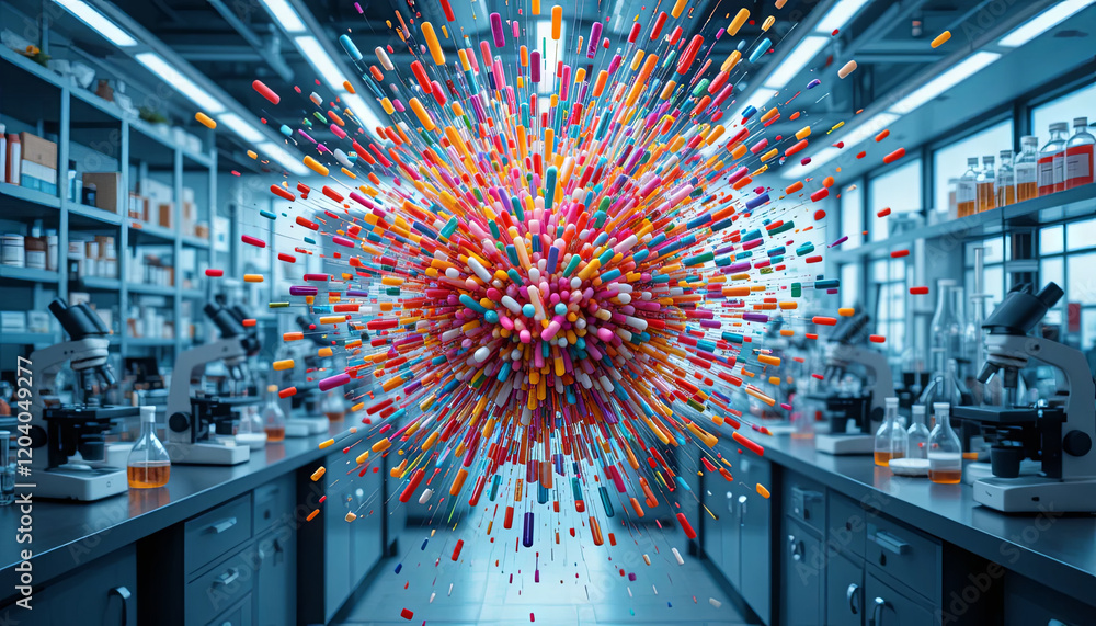 Poster a vibrant array of pills bursts out in a laboratory setting where researchers experiment with differ