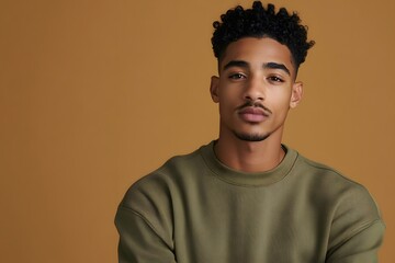 Obraz premium handsome man with a stylish look, short afro hairstyle, and green sweater posing against a minimalist background
