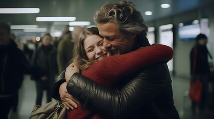 Emotional reunion at the busy airport as family members embrace after a long separation
