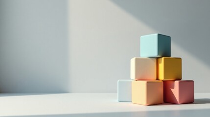 Pastel Cubes Arranged in a Pyramid Shape on a White Surface in Soft Light