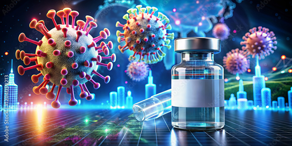 Poster a clear vaccine bottle is placed in front of a colorful digital representation of the coronavirus, s
