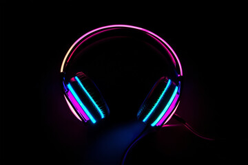 Neon Headphones in Purple and Blue on Black Background, Illuminated with Vibrant Neon Light Creating a Sleek and Stylish Appeal – Modern Technology Concept	
