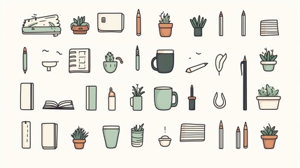 Creative workspace elements featuring plants, stationery, and notebooks in a minimalist design for productivity and inspiration