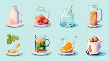 Colorful collection of refreshing drinks and ingredients on display in a bright and cheerful setting