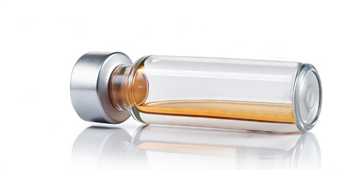 A sleek glass vial lies on a reflective surface, revealing an amber liquid inside. This showcases modern pharmaceutical design in a professional laboratory environment