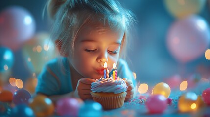 A young child leans in close to blow out the candles on a decorated cupcake