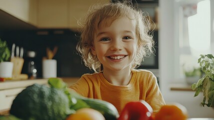 Fototapeta premium Happy children with vegetables in kitchen 