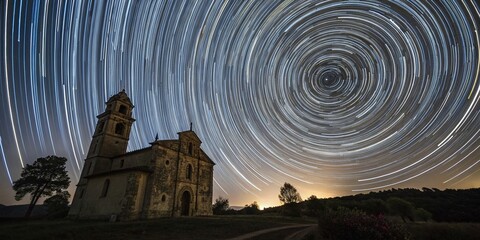 Obraz premium Surreal Time-Lapse: North Star Trails Arc Behind Historic Church at Night