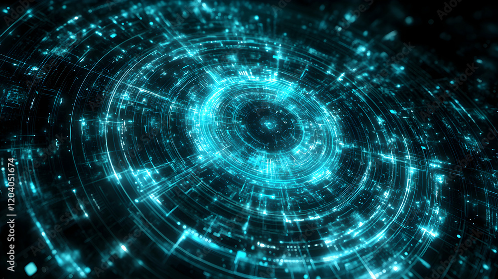 Aufkleber abstract futuristic technology background; glowing teal circular patterns, digital data streams, net