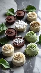 A keto fat bomb display with smooth peanut butter chocolate cups, coconut fat bombs, and matcha-flavored ones, arranged on a marble countertop.