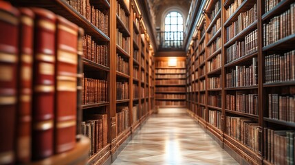Fototapeta premium Grand library aisle, bookshelves, old books, knowledge, research