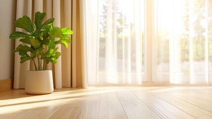 Serene Sunlight Illuminates Plant in Pot by Window with Sheer Curtains and Light Wood Floor