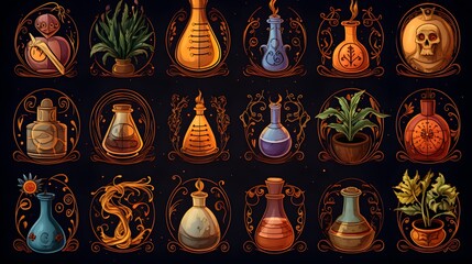 Colorful collection of potion bottles and magical herbs arranged artistically on a dark background