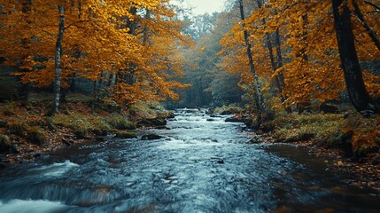 Autumn stream flows through orange forest. Peaceful nature scene for calendar