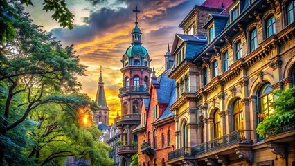 Obraz premium Surreal Urban Church: Historical Building with Intricate Ornamentation and Cityscape