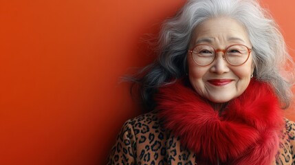 Smiling Elderly Woman with Gray Hair and Red Scarf Against Orange Wall