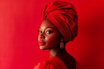 red background with striking portrait of an elegant woman showcasing vibrant colors and African beauty in red headwrap