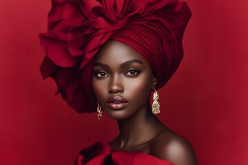 red background with striking portrait of an elegant woman showcasing vibrant colors and African beauty in red headwrap