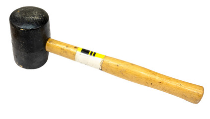 Isolated old rubber and wood hammer mallet tool with many scratches 
