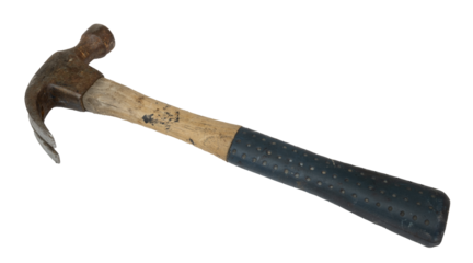 Isolated old wooden hammer tool with many scratches and spots of paint
