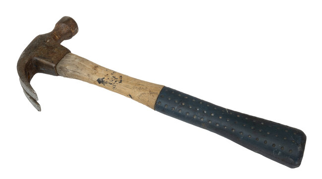 Isolated old wooden hammer tool with many scratches and spots of paint
