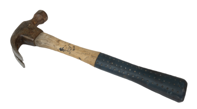 Isolated old wooden hammer tool with many scratches and spots of paint
