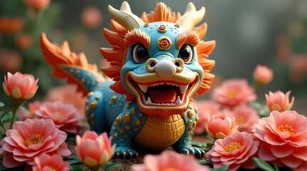 Symbolic Dragon Statue Amidst Colorful Flora, Representing Chinese Culture