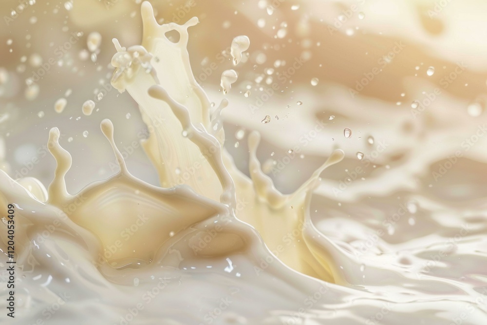 Poster milk is splashing and creating waves and drops with a warm light