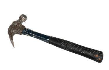 Isolated old hammer tool with many dents, scratches and spots of paint
