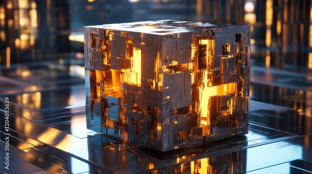 Poster futuristic glowing cube with intricate design on a reflective surface and abstract city background