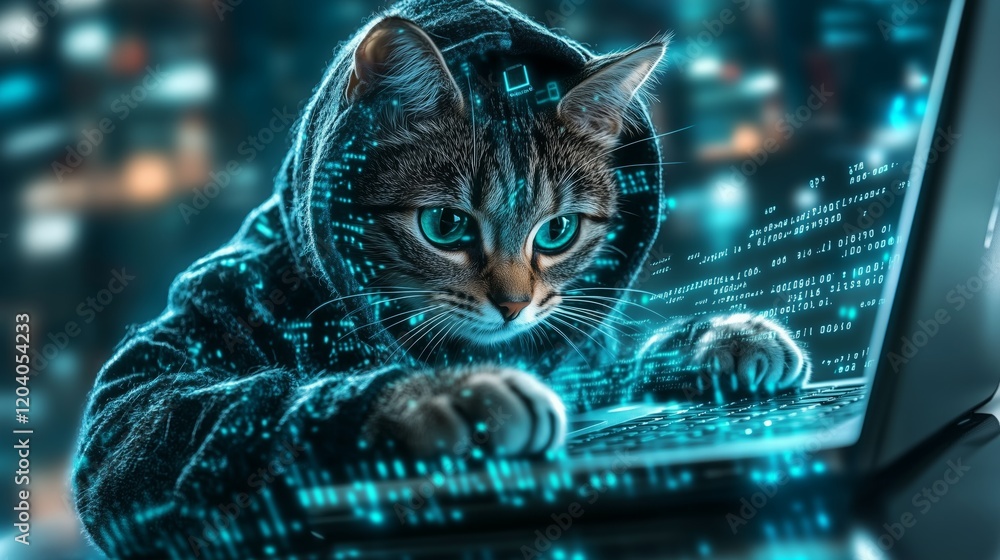Fototapete tech-savvy cat wears hoodie and types on laptop while coding in a futuristic setting at night