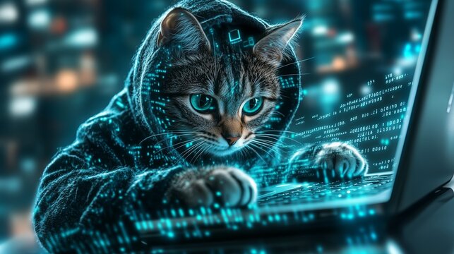 Tech-savvy cat wears hoodie and types on laptop while coding in a futuristic setting at night