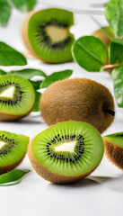 Fototapeta premium Kiwi fruit and kiwi cut in half with green leaves isolated on a white background.