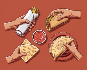 Hands holding various delicious Mexican foods and sauce