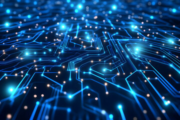 Fototapeta premium Abstract digital circuit board glowing with blue light, representing technology, innovation, and connectivity. Ideal for tech, AI, and futuristic concepts.
