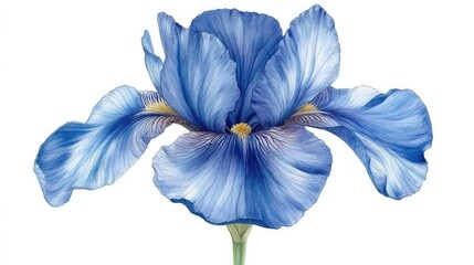 Vibrant blue iris flower with intricate petal details set against a clean white background
