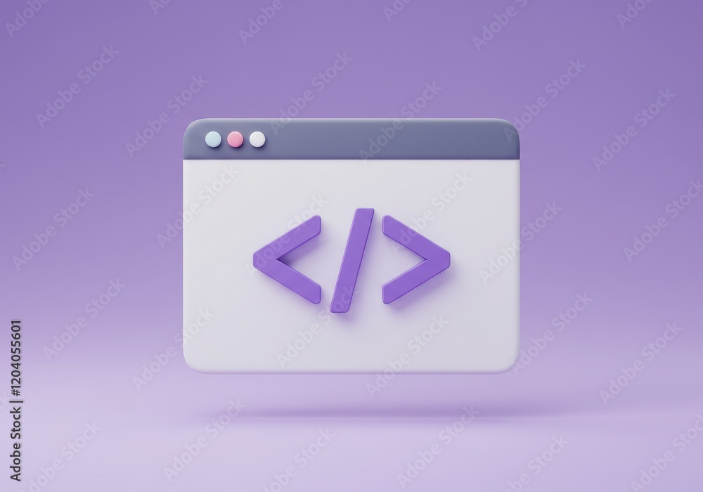 Poster a modern 3d illustration of a browser window with purple coding brackets