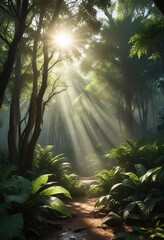 Rays of sunlight filtering through a tropical rainforest canopy, creating a dappled effect on the forest floor, tropical rainforest, sunlight filtering, leafy canopy