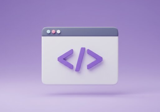 A modern 3D illustration of a browser window with purple coding brackets