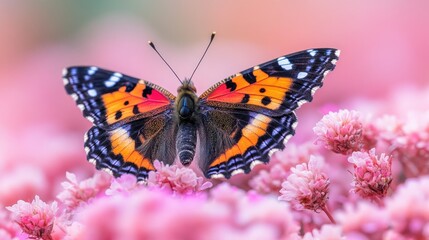 Obraz premium Vibrant butterfly perched on pink flowers in a garden, showcasing nature's beauty and tranquility