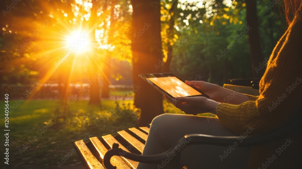Poster person enjoys tablet while sitting on a park bench during a sunny afternoon in a peaceful outdoor se