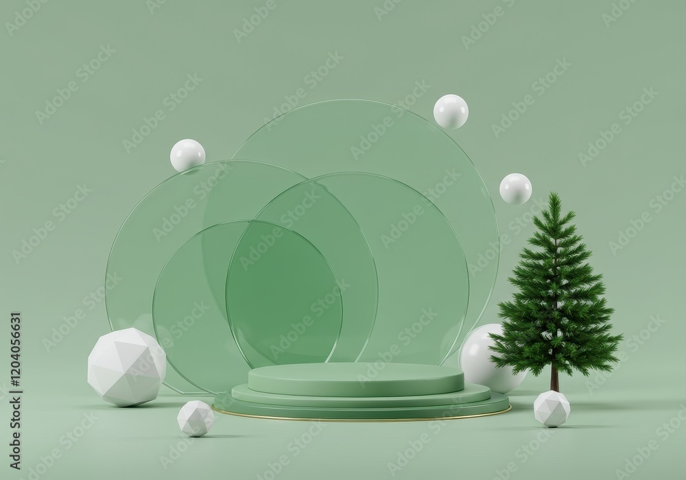 Poster a 3d minimalist green podium setup with overlapping translucent green circles, surrounded by white g