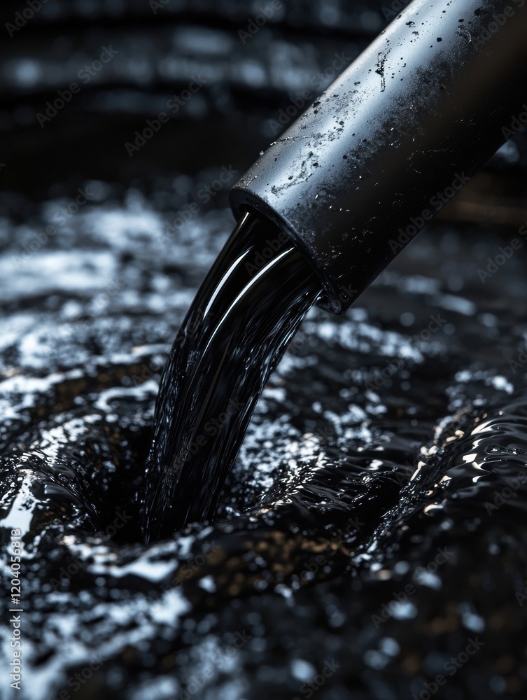 Poster oil flows from a pipe into a large container, creating ripples in a dark liquid surface. generative 