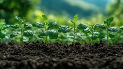Fresh green mint plants growing in rich soil under soft sunlight, showcasing agricultural growth and health